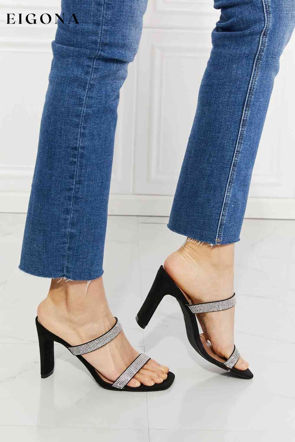 Leave A Little Sparkle Rhinestone Block Heel Sandal in Black Melody Ship from USA Shoes womens shoes