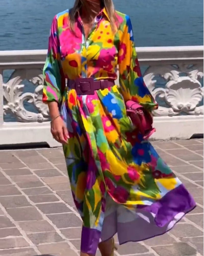 Lapel Colorful Print Long Sleeve Dress