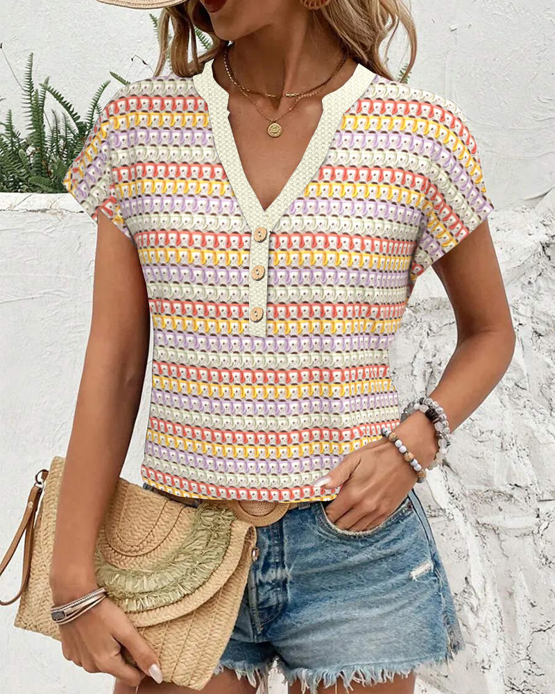 V-Neck Contrast Short-Sleeved Blouse