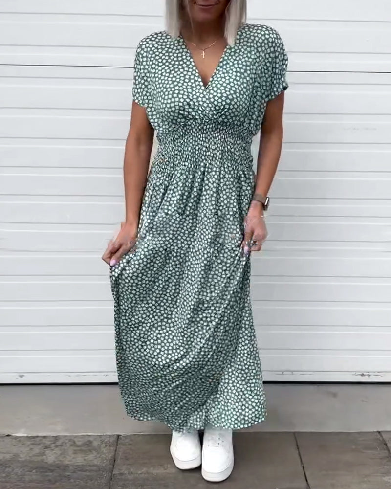 V-Neck Printed Waist Short-Sleeved Dress