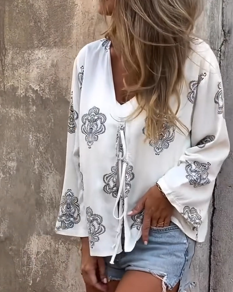 Tie-Strap Print Long-Sleeved Blouse
