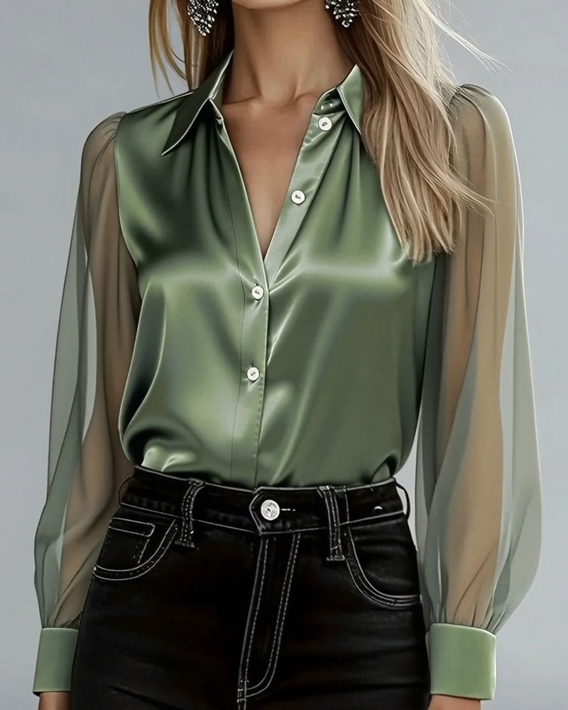 Lapel Collar Mesh Patchwork Long Sleeve Shirt