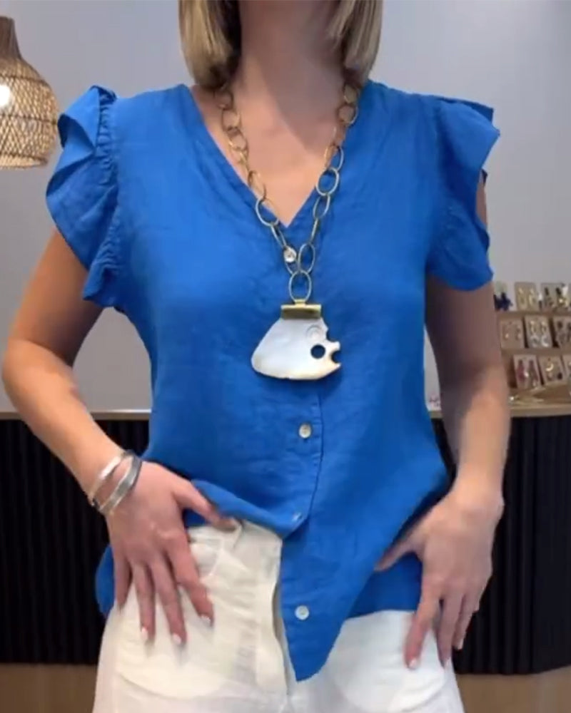 Camicetta senza maniche con scollo a V e volant alla francese