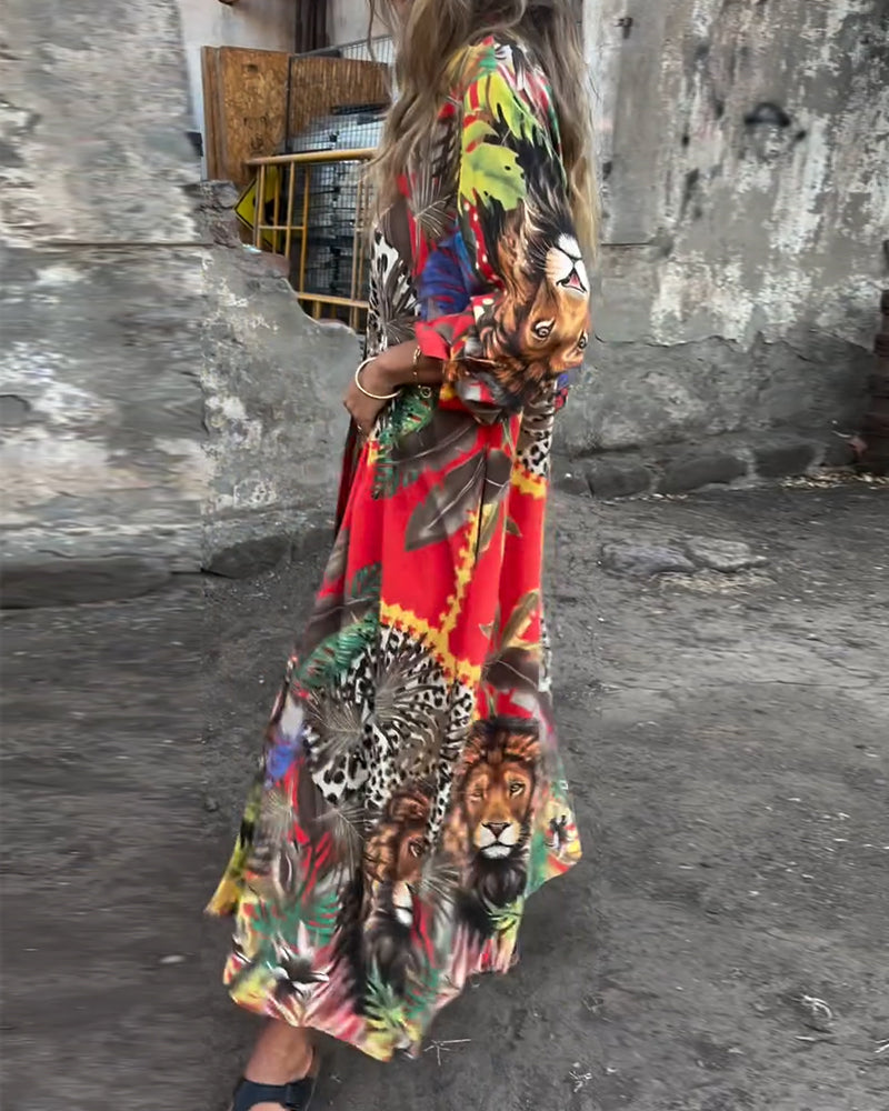 Fashionable Printed Button-Down Shirt Dress