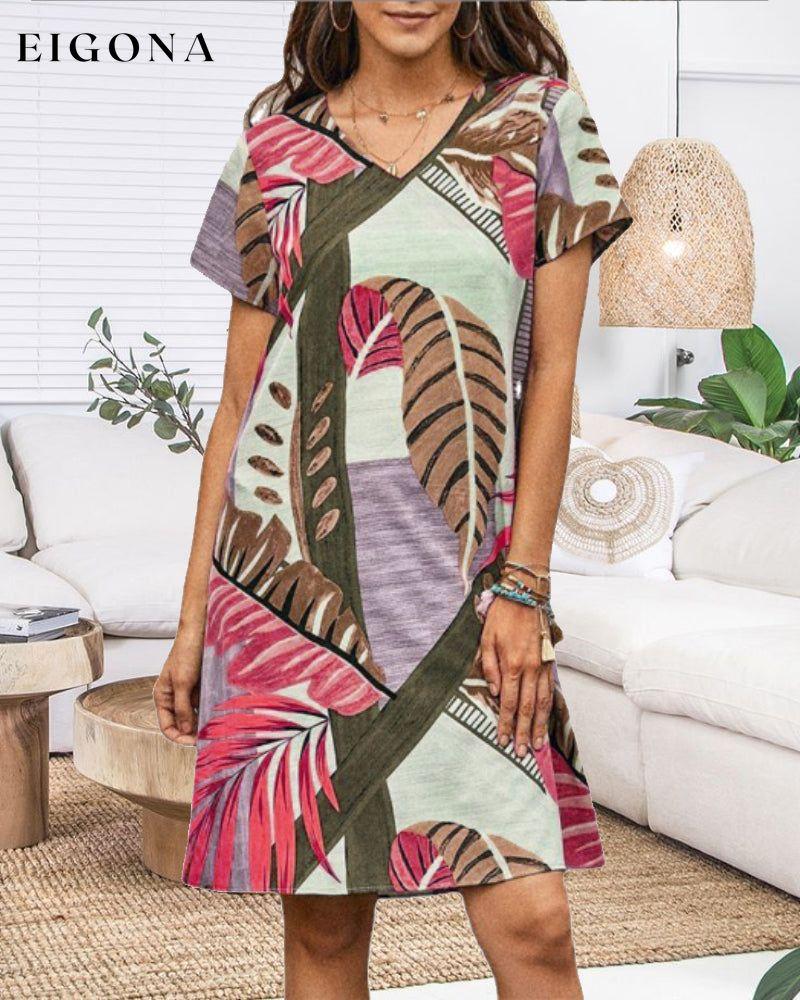Leaves Print Short Sleeve Dress 23BF Casual Dresses Clothes Dresses Summer