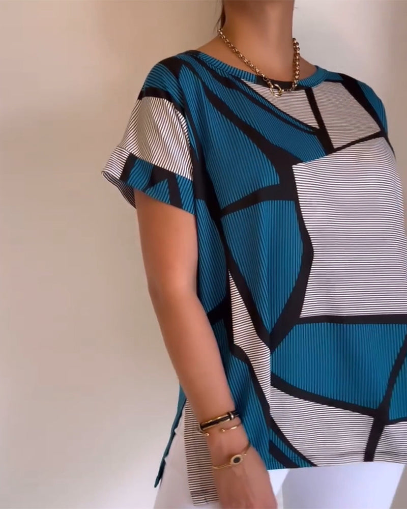 Round Neck Geometric Pattern Loose T-shirt