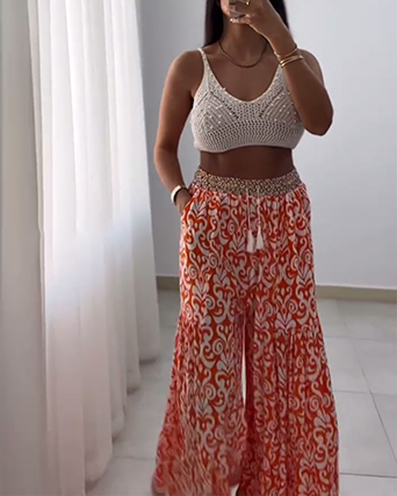 Printed Drawstring Wide-Leg Pants