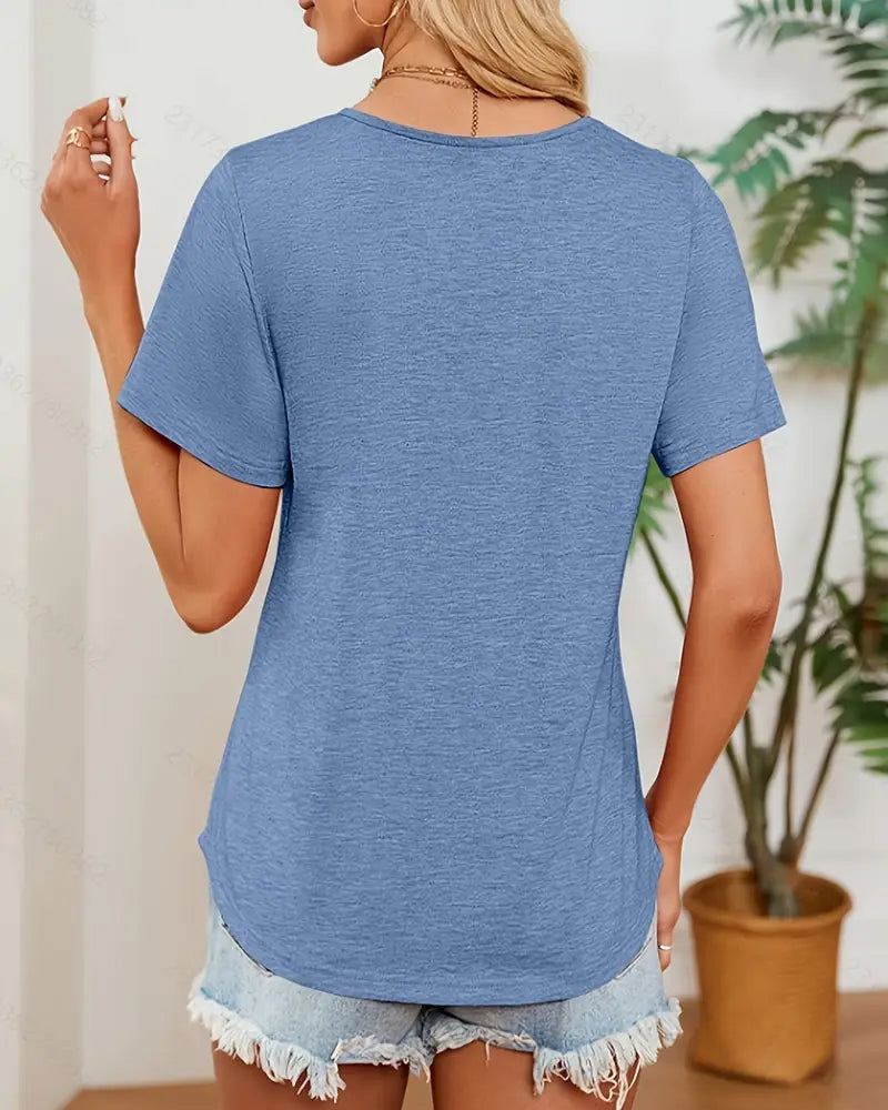 Round Neck Solid Color Pleated Short Sleeve T-Shirt