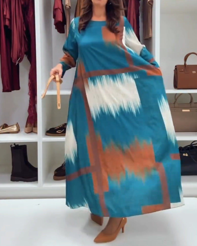 Fashion Printed Round Neck Long Sleeve Dress