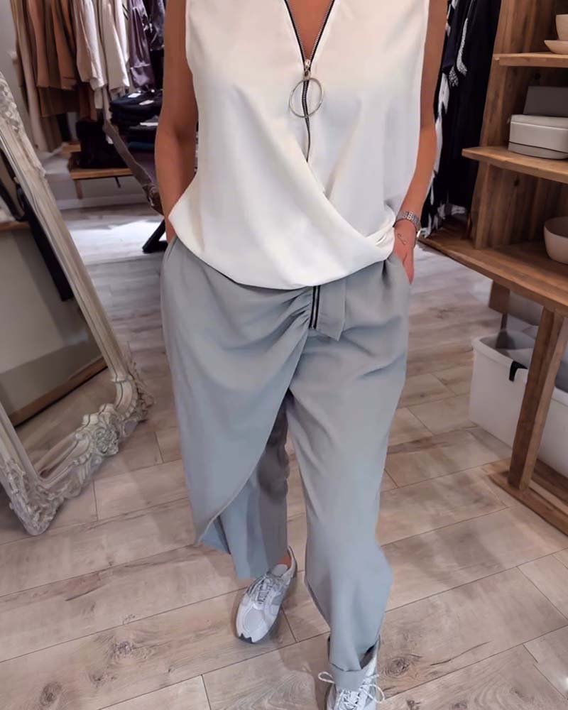 Sleeveless Half Zip Solid Color Tank Top