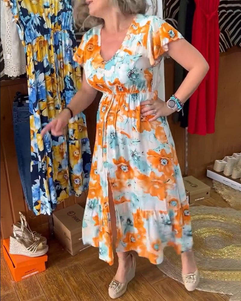 Floral print short sleeve casual dress with slits 202466 casual dresses summer