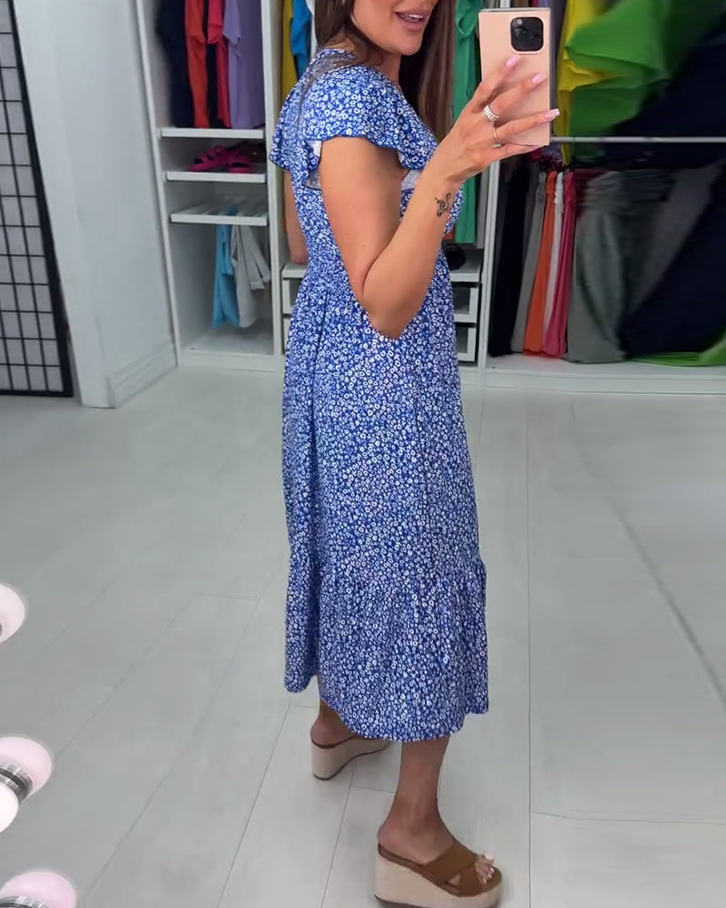 Elegant floral print ruffled sleeve button dress 202466 casual dresses summer