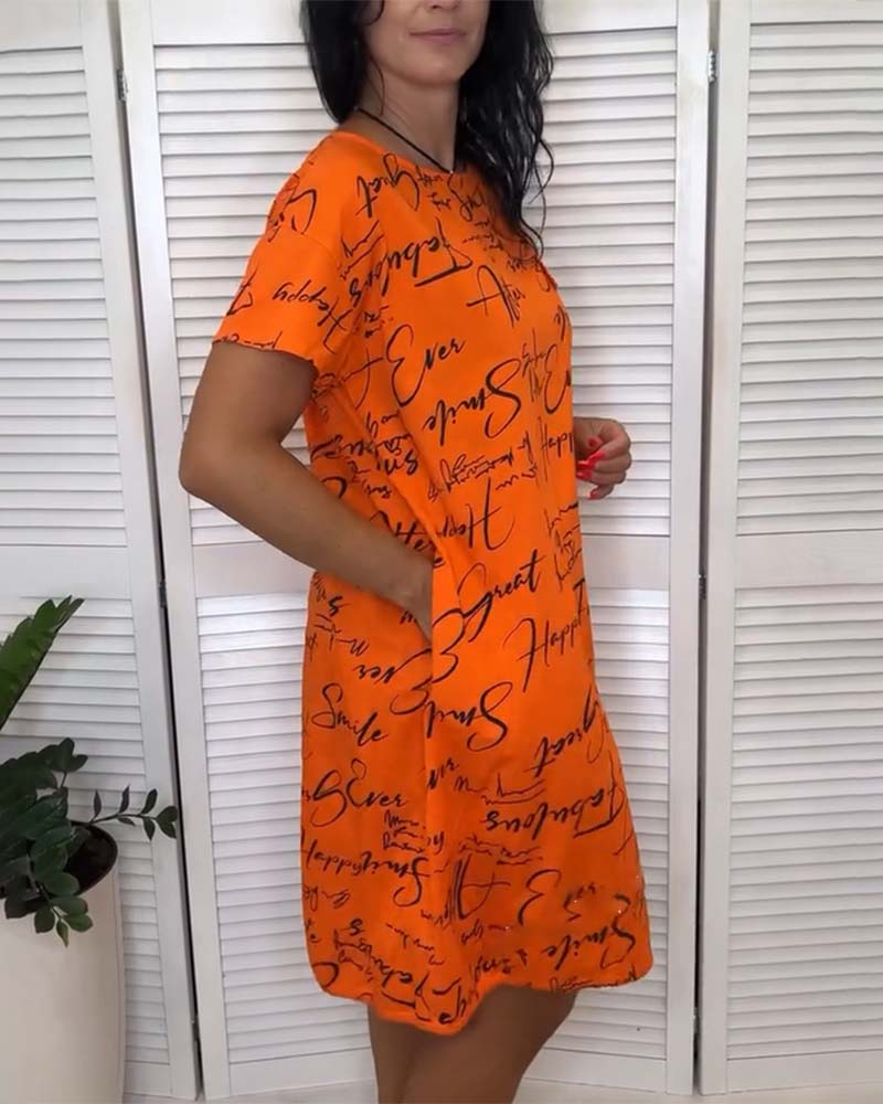 Round Neck Lettering Short Sleeve Dress