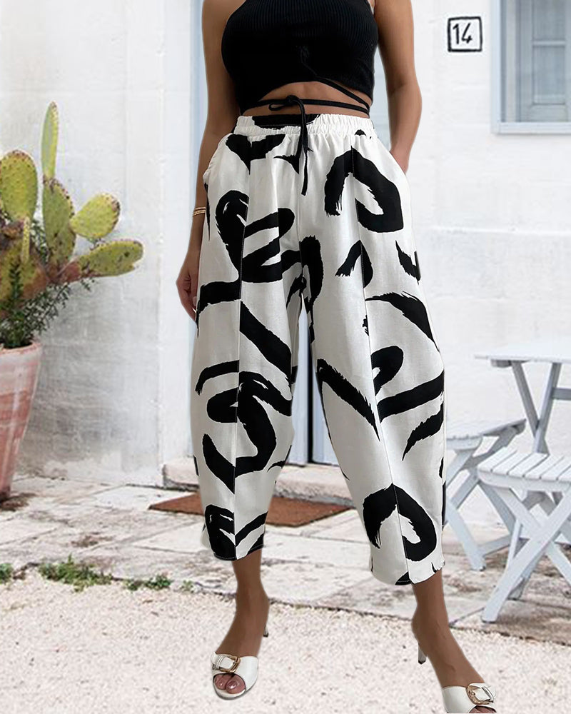 Printed pocket casual loose ninth pants pants summer