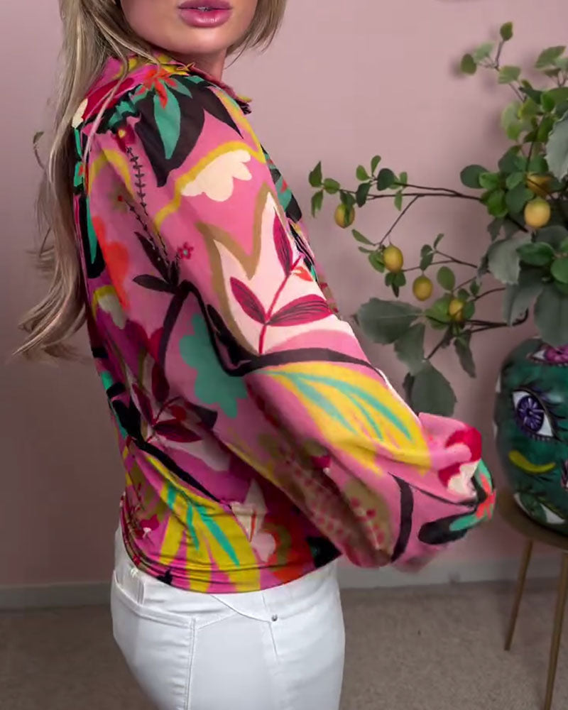 Colorful Lantern Sleeves Stand Collar Blouse