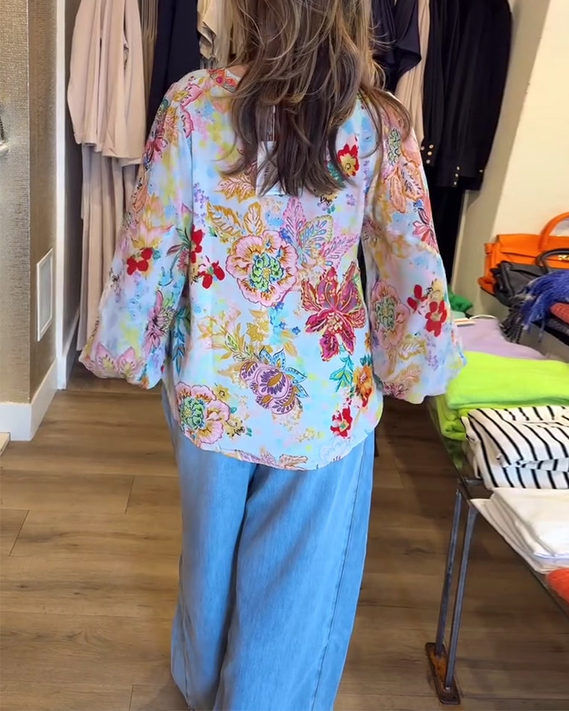 V-Neck Floral Colorful Print Blouse