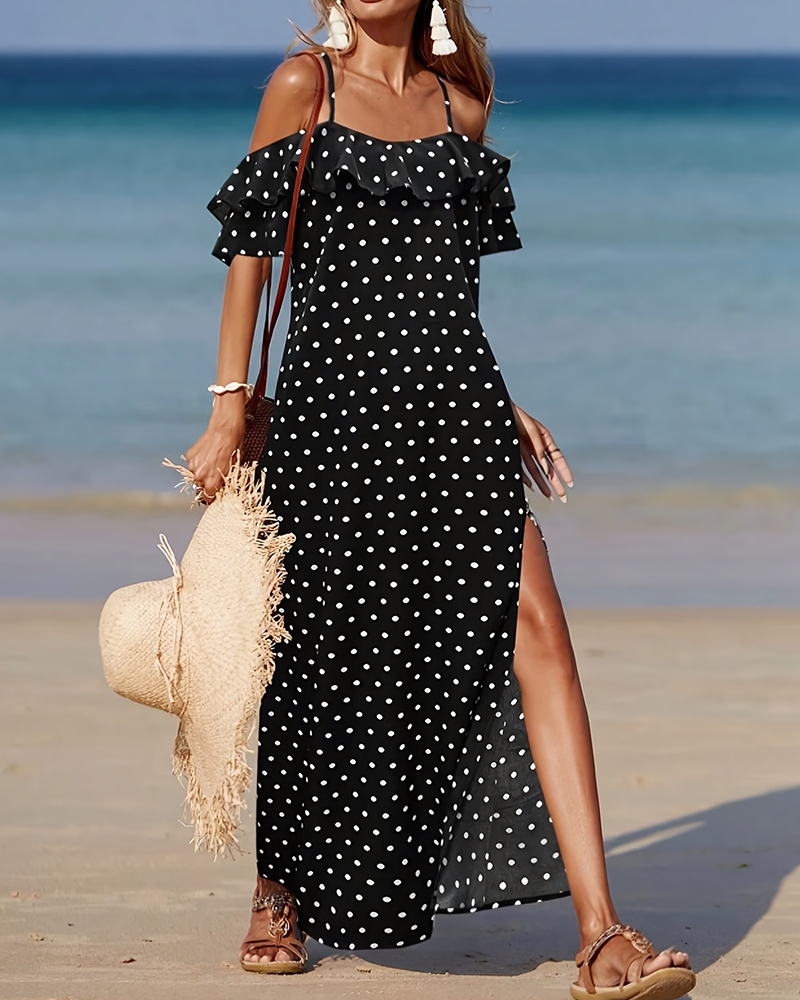 Thin Strap Cold Shoulder Polka Dot Long Dress