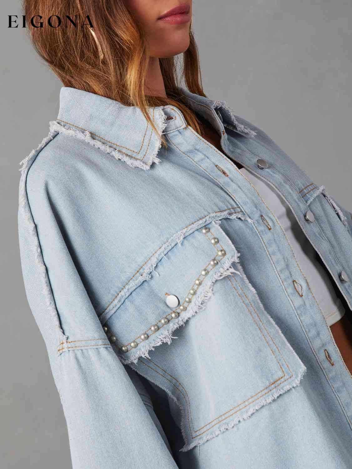 Button Down Raw Hem Denim Long Sleeve Top Jacket clothes denim shirt denim shirts long sleeve long sleeve shirt long sleeve shirts long sleeve top long sleeve tops Ship From Overseas Y.Y@Denim