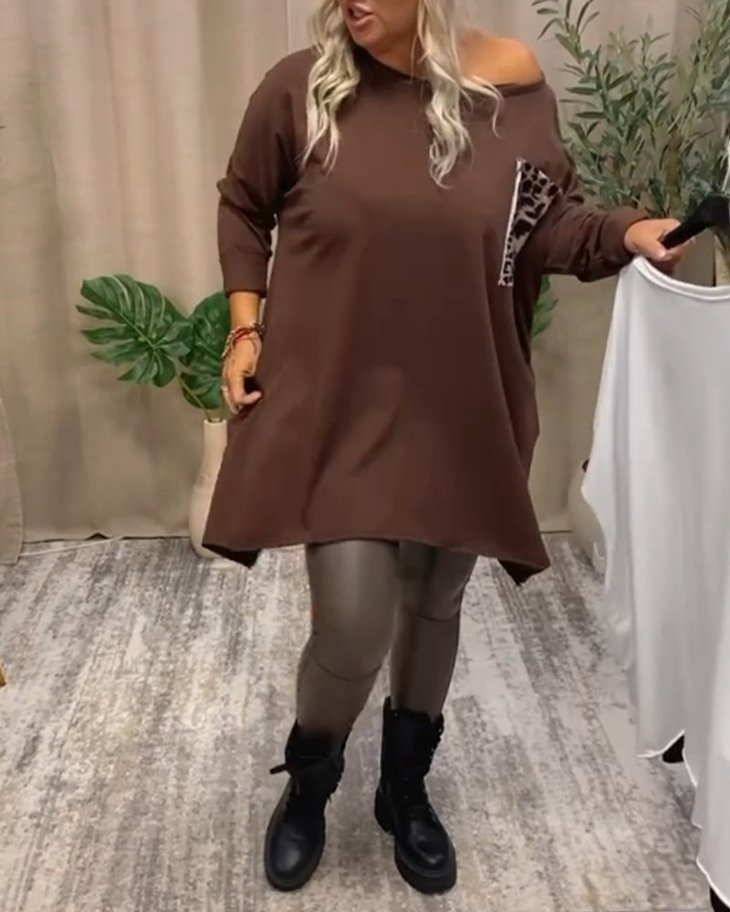 Casual crew neck leopard print pocket long sleeve top