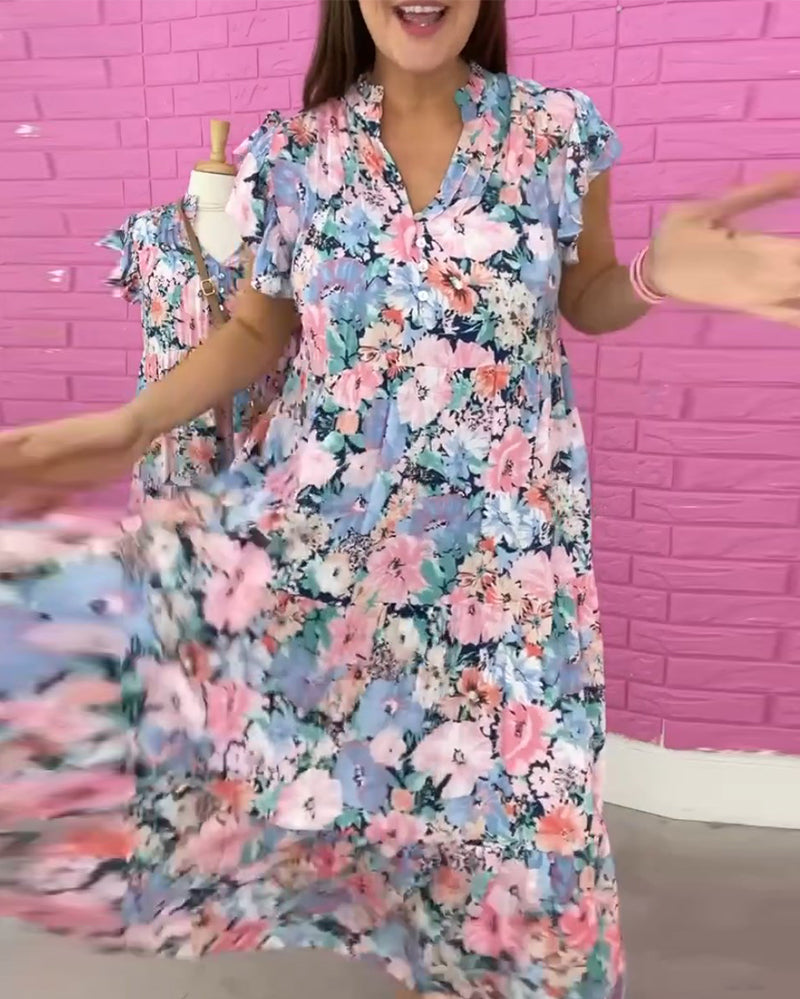 Floral print V-neck casual short-sleeved dress 202466 casual dresses summer