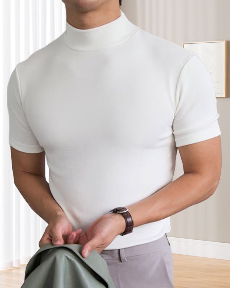 Einfarbiges Kurzarm-T-Shirt mit hohem Kragen