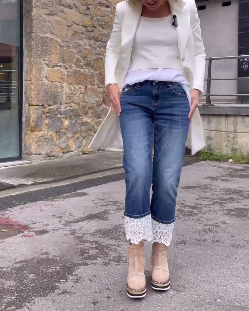 Lace panel casual jeans pants spring summer