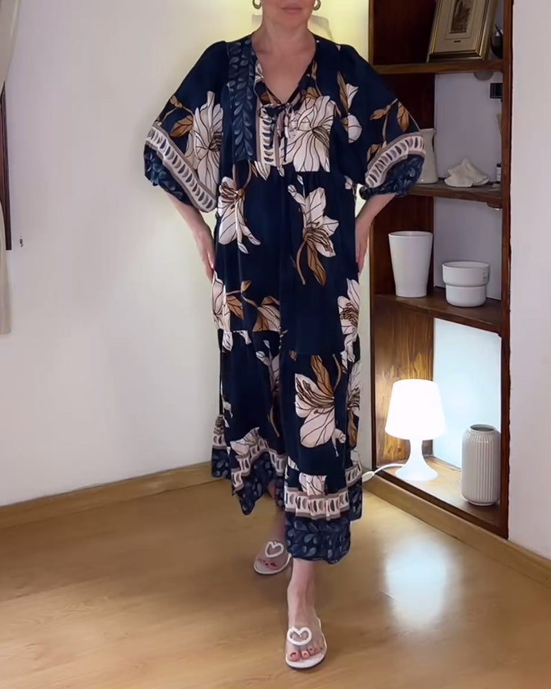 Lantern sleeve v-neck printed dress 202466 casual dresses summer