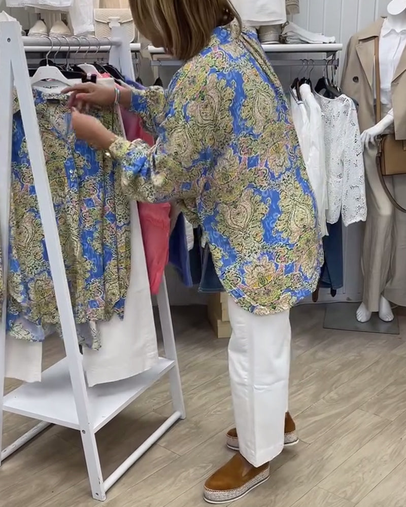 Retro printed lapel long sleeve top blouses & shirts spring summer