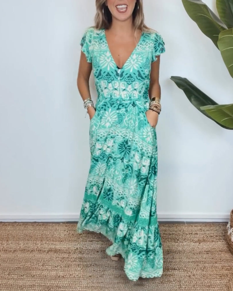 Vacation print V-neck ruffle sleeve pocket dress 202466 summer vacation dresses