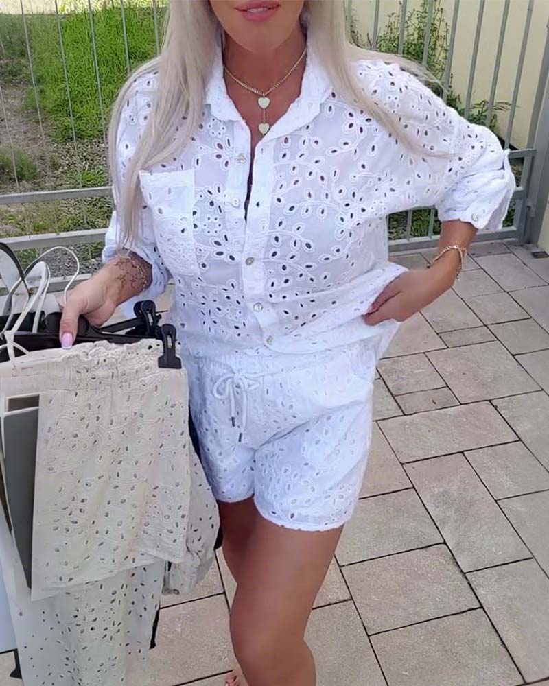 Long-Sleeved Lapel Hollow Shorts Set