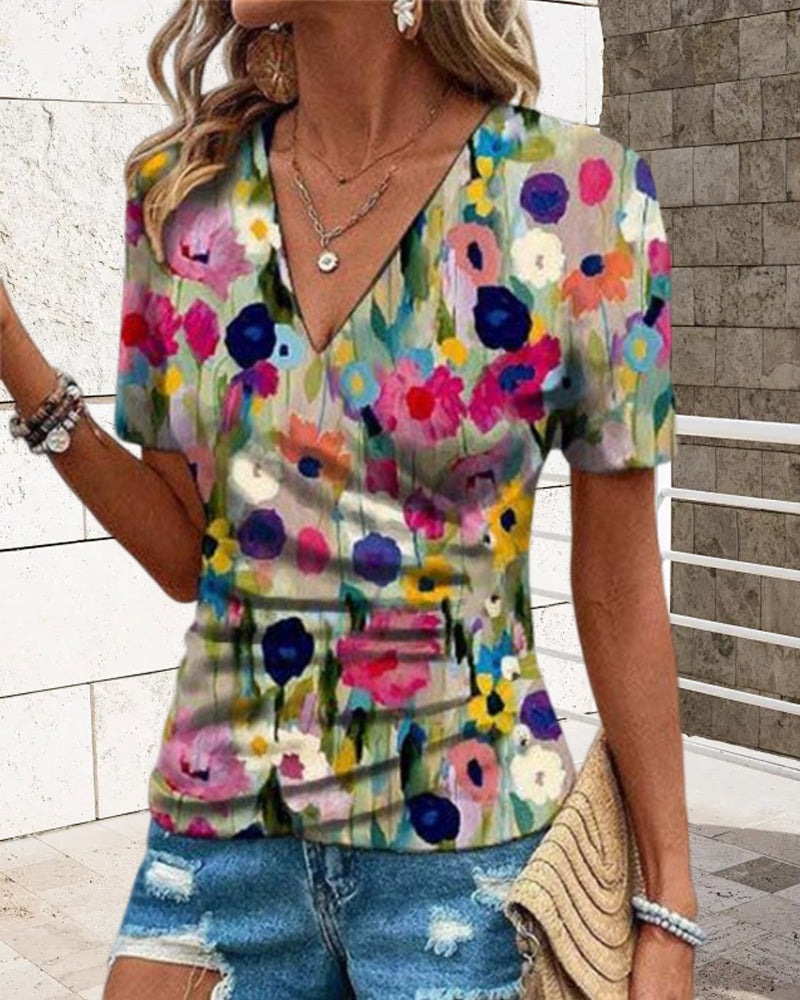 V-neck short-sleeved floral blouse 202466 blouses & shirts summer