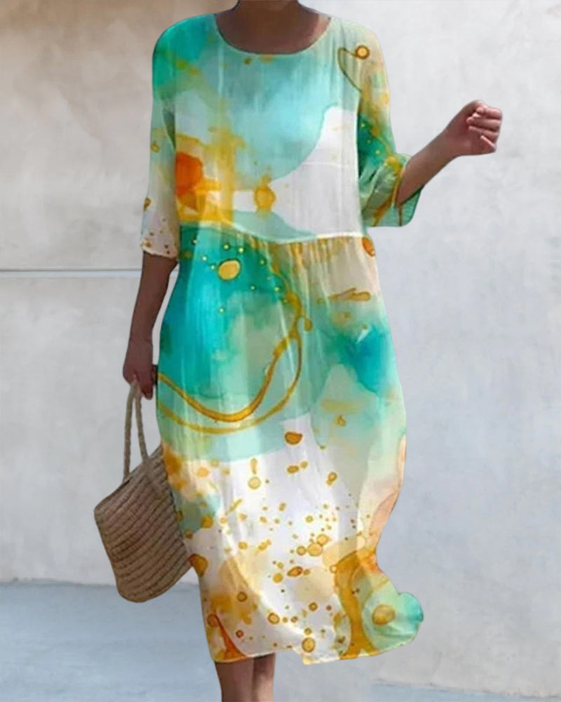 Round neck printed patchwork casual dress 202466 casual dresses spring summer