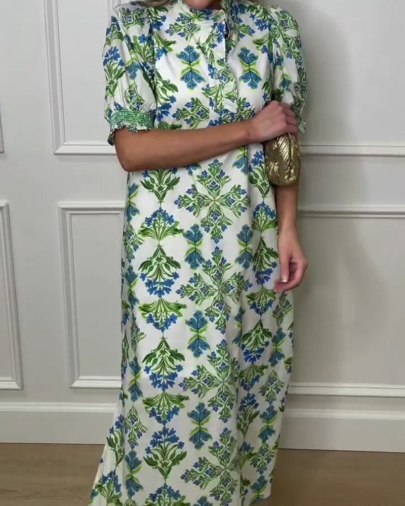 Plant Print Stand Collar Dress