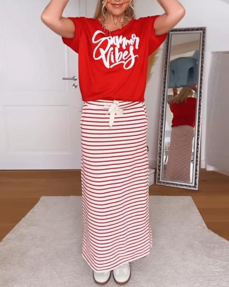 Casual Letter Print Striped Skirt Set