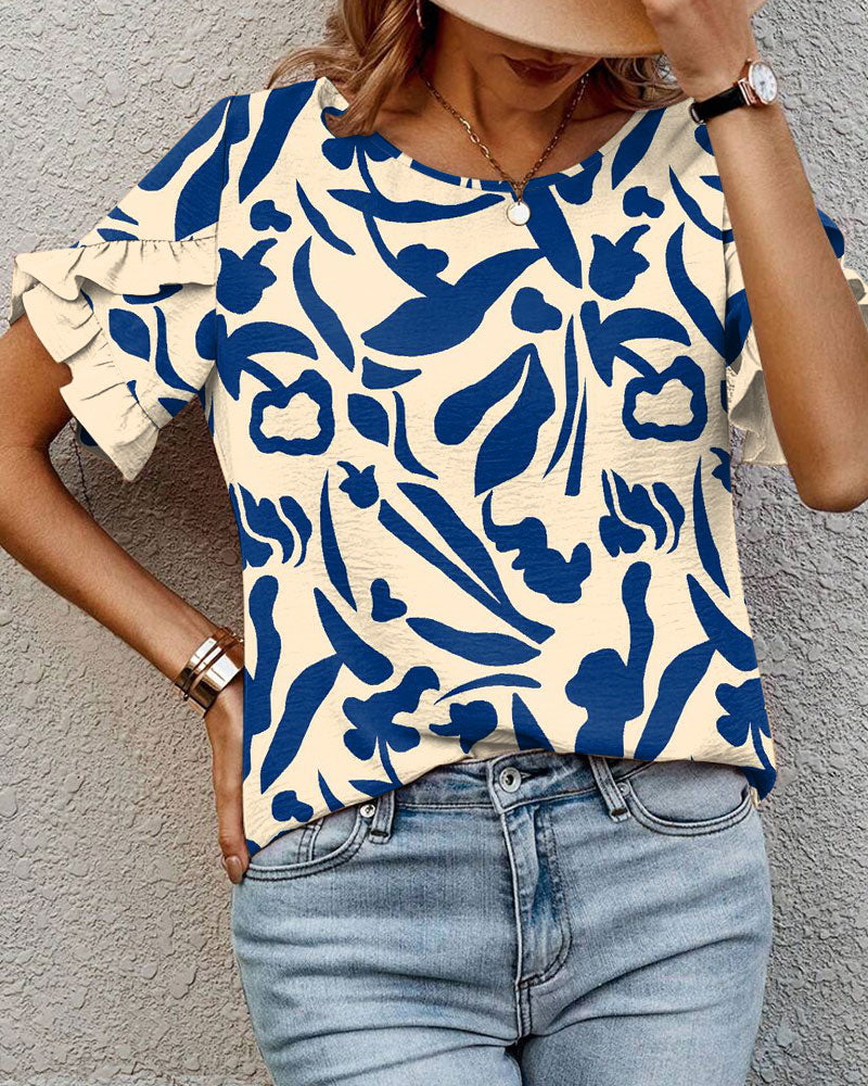 Round Neck Printed Ruffled Blouse