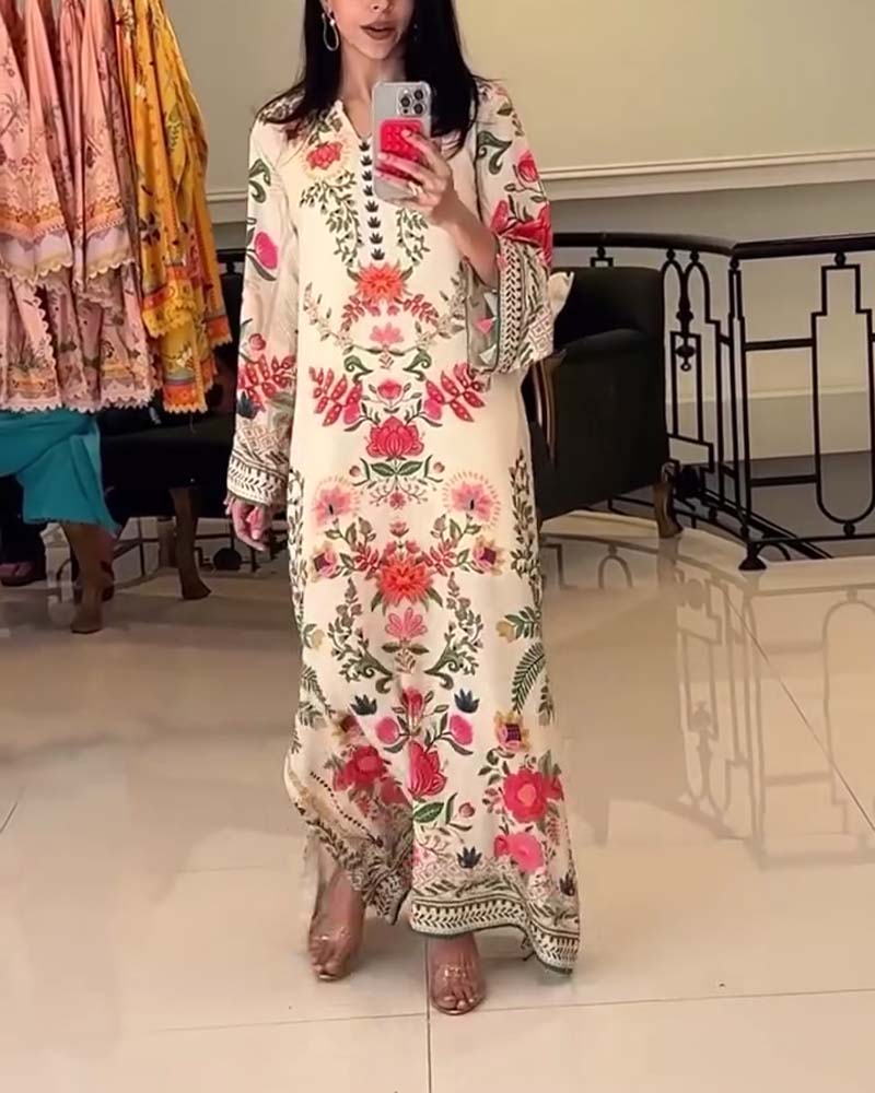 Colorful floral slit long Dress