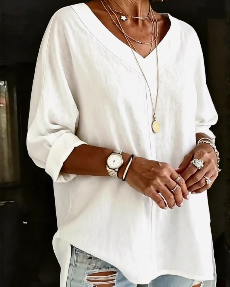 V-Neck Seven-Part Sleeve Split Cotton Linen Top