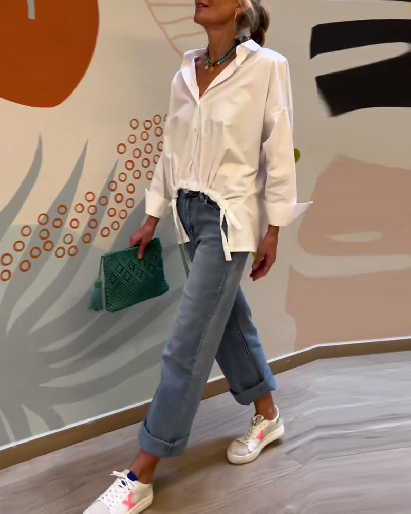 Commuting solid color lapel top Blouses & Shirts Cotton and Linen Spring