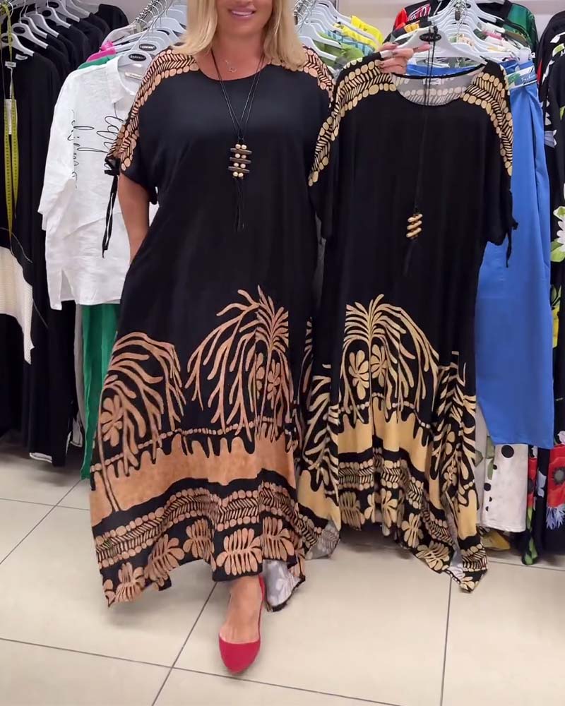 Printed round neck short sleeve lace-up loose dress casual dresses spring summer