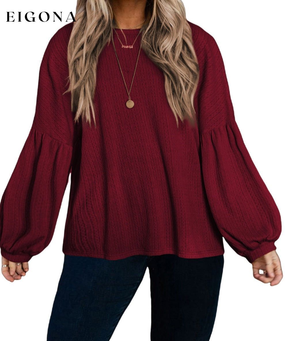 Red Dahlia Plus Size Balloon Sleeve Textured Knit Top All In Stock clothes Color Red EDM Monthly Recomend Fabric Ribbed long sleeve shirts long sleeve top long sleeve tops Occasion Daily Print Solid Color Season Fall & Autumn shirt shirts Style Western top tops