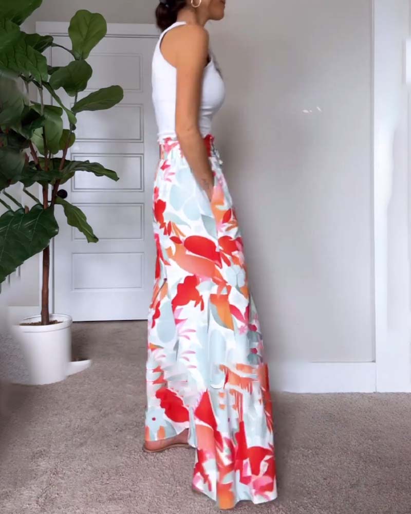 Leaf print drawstring long wide-leg pants pants spring summer