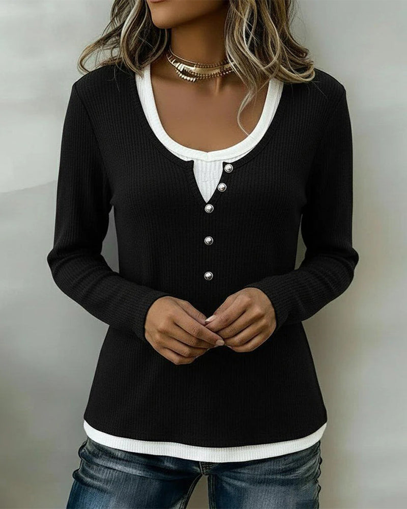 Color-Blocked Button Long-Sleeved Top