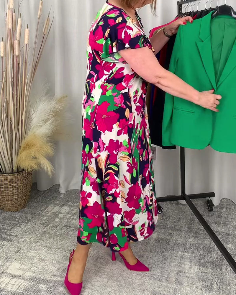 Abito con scollo a V e stampa floreale colorata