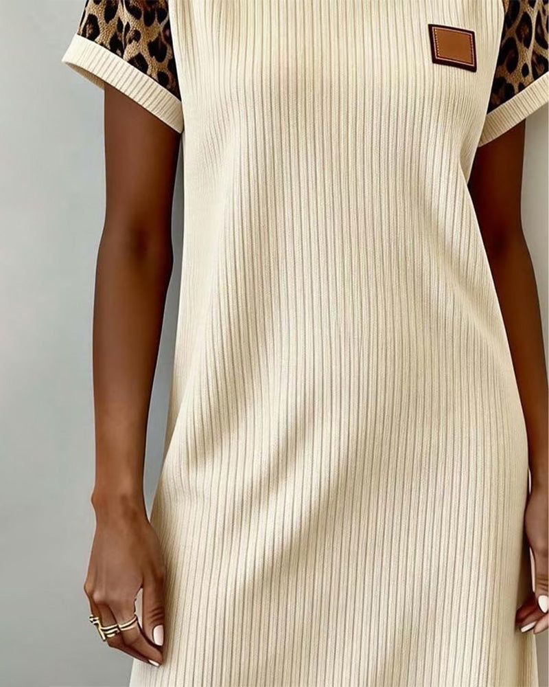 Round-Neck Leopard Print Color-Block Dress