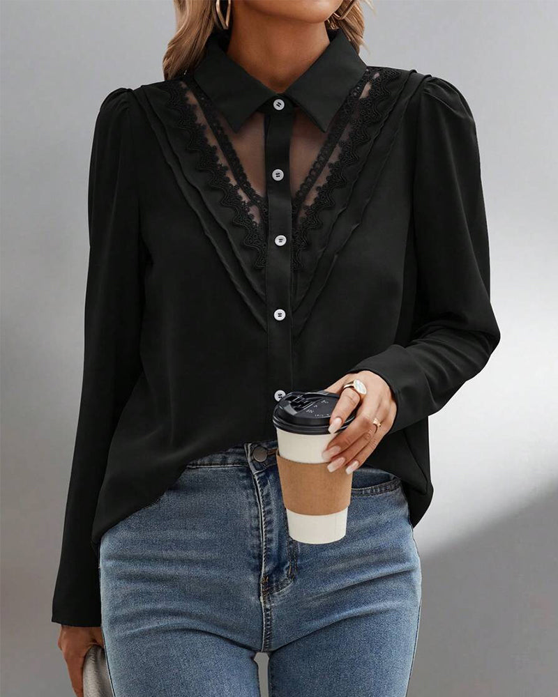 Puff Sleeve Lace Patchwork Blouse