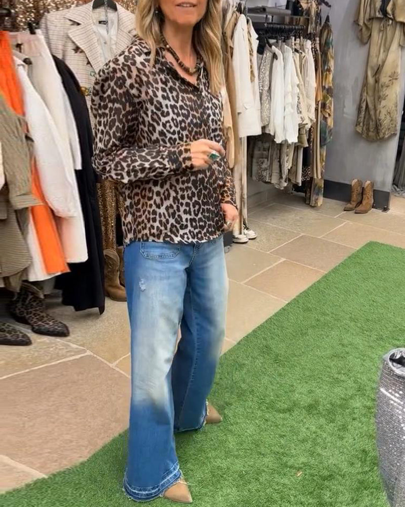 Leopard Print Long-Sleeved Elegant Shirt