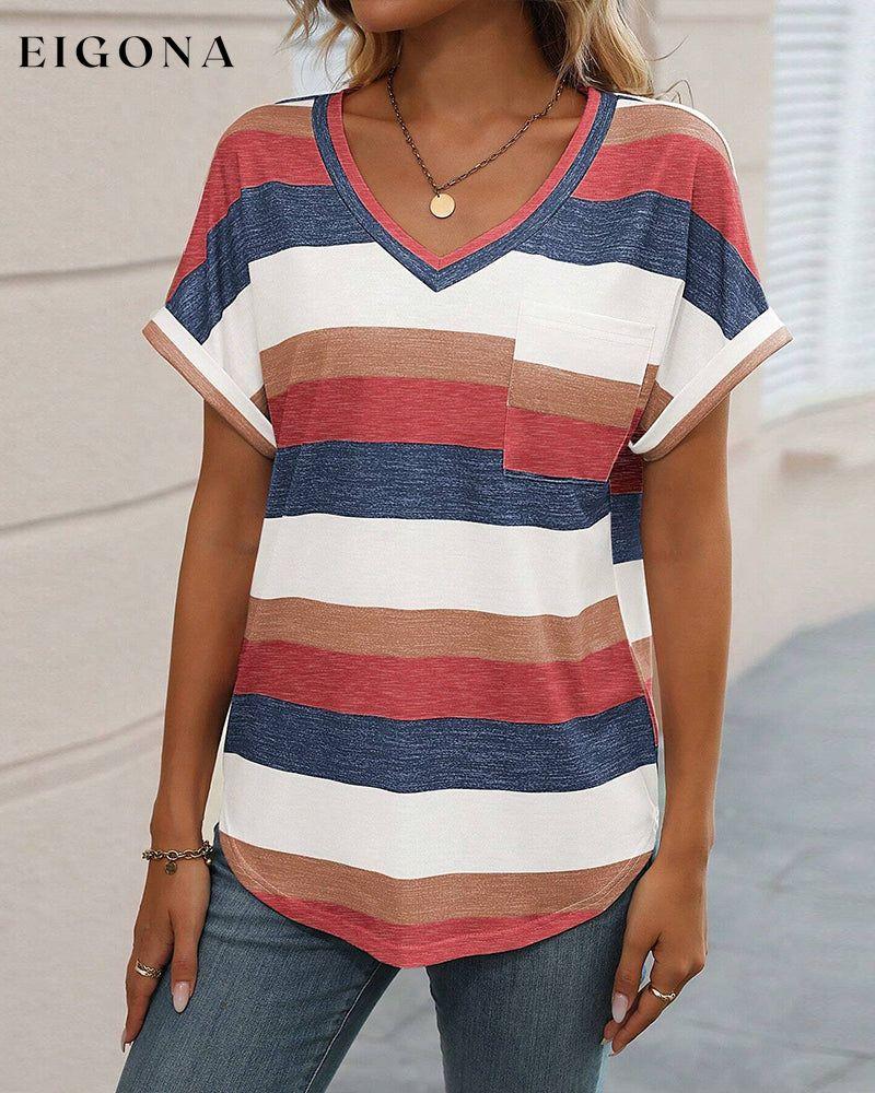 V-neck short-sleeved color-blocked T-shirt spring summer t-shirt t-shirts