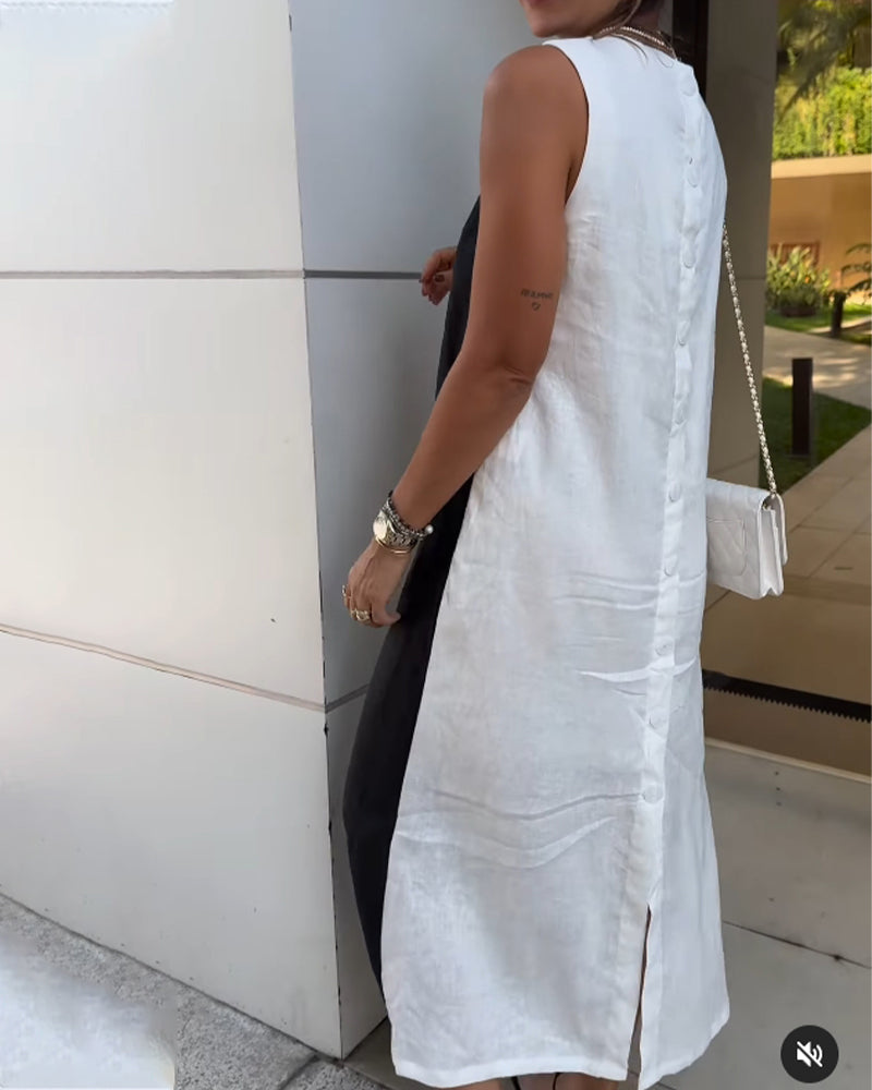 Colorblock Sleeveless Cotton and Linen Dress