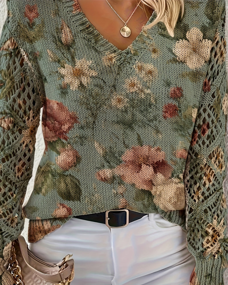 Jacquard V-Neck Hollow Long-Sleeved Pullover
