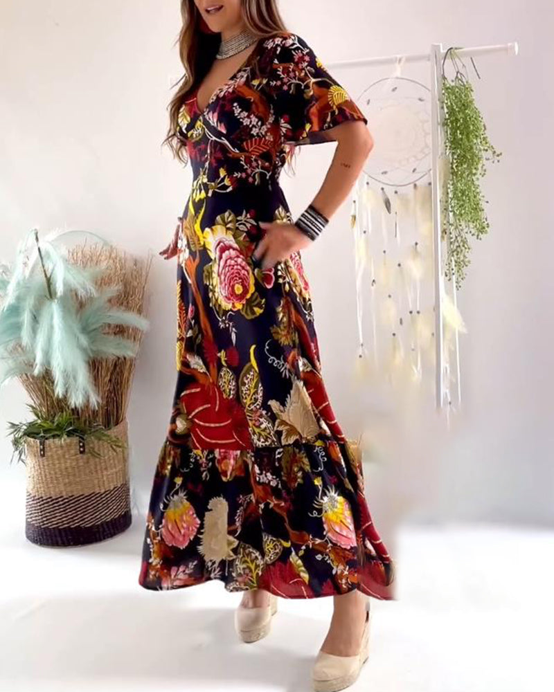 Elegant printed v-neck short sleeve dress 202466 casual dresses summer